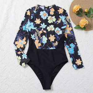2021 Sexy Floral Print Monokini Long Sleeve One Piece Swimsuit Women  Swimming Suit High Cut Swimwear Patchwork Bathing Suit - Multi-1 - Extra Large