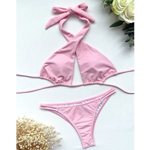String Halter Bikinis 2021 Sexy Bandage Swimsuit Women Solid High Cut Swimwear Female Bathing Suit Swimming Wear - Light pink - Large
