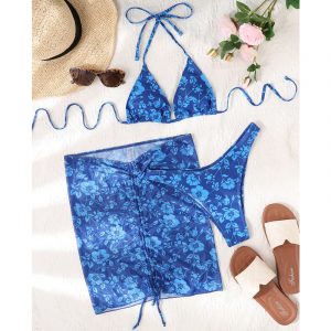 Floral Print Bikini Set Halter Swimwear Female 2021 Triangle Swimsuit Women Skirts 3 Pieces Sexy Bathing Suit - Blue - Large