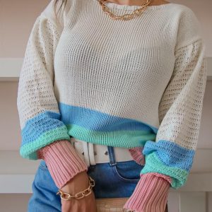 Casual Color Block Women  Sweaters Short  Office Lady Off Shoulder Sweaters And Pullovers  Fashion  Autumn Jumper - Apricot - Extra Large
