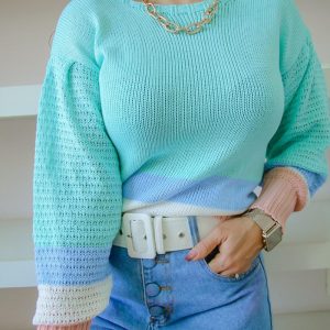Casual Color Block Women  Sweaters Short  Office Lady Off Shoulder Sweaters And Pullovers  Fashion  Autumn Jumper - Blue - Extra Large