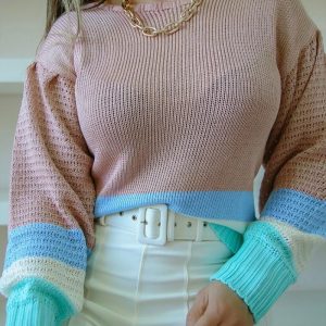Casual Color Block Women  Sweaters Short  Office Lady Off Shoulder Sweaters And Pullovers  Fashion  Autumn Jumper - Lotus root starch color - Extra Large