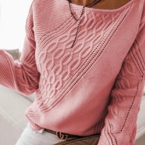 Office Lady Hollow Out Women Knitted Sweater Autumn Casual Off Shoulder Pullovers White Pink  Fashion Solid Loose Jumper - Pink - Extra Large