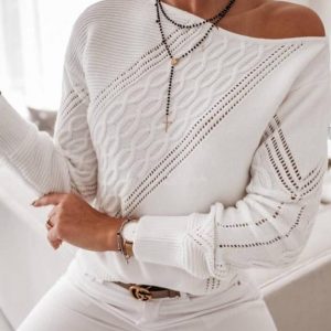Office Lady Hollow Out Women Knitted Sweater Autumn Casual Off Shoulder Pullovers White Pink  Fashion Solid Loose Jumper - White - Extra Large