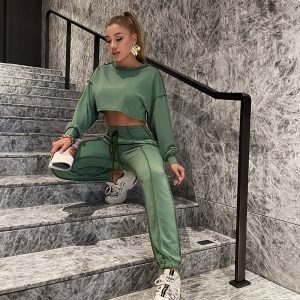 Womens Tracksuits Casual Cropped Sweatshirts Top Elastic Waist Pants Suit Loose Harajuku Flanging Green Sportwear Sets - Multi - Large