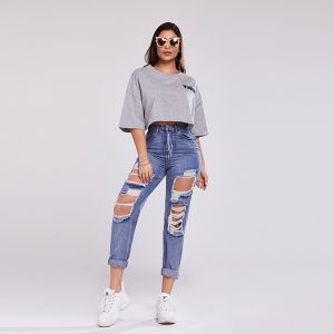 2021  Knee Ripped Jeans Women Baggy Straight Trousers Cargo Pants Women Trousers Spring - Navy Blue - Large