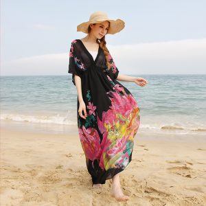 Fashion Dress Seaside Holiday Beach Dress Chiffon Floral Short Sleeve V-neck Dress Plus size - Black - XXXX Large