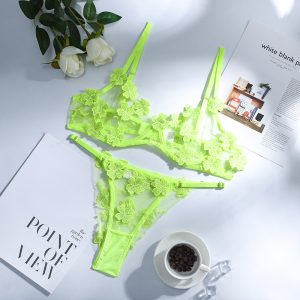 2021 Fashion New Women  Clothing Embroidery Flower Mesh See-through Heavy Craft Underwear Set with Steel Ring - fluorescent green - Large