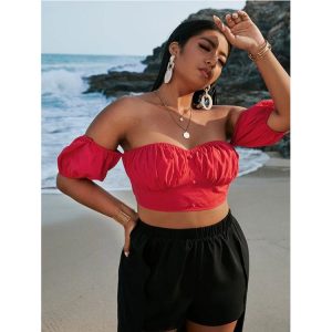 2021  Fashion Solid Color Short Tube Top Sexy plus Size Women Clothes Top - Red - XXXX Large