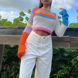 Women Knitted Sweater New Square Collar Color Striped Color Matching Handmade Crochet Long Sleeve Top - Orange - Large