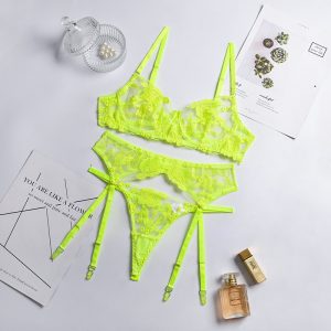 2021  Style New Fashion Women  Wear Embroidered Lace See-through Heavy Craft Underwear Three-Piece Set - fluorescent green - Large