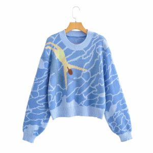 2021  Fall Winter New Casual Top Loose Marine Diving Printing Knitted Pullover Sweater Women - Blue - One Size