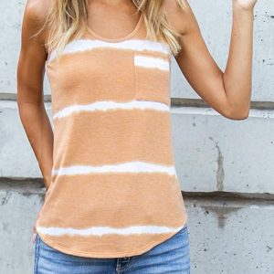Women Clothing   Summer New Loose Striped Style with Pockets Western Style Small Tank Top Top - Yellow - XX Large