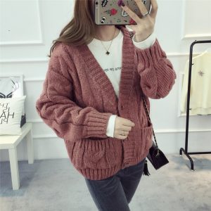 New Women Autumn and Winter Sweater Coat Cardigan Women Loose Twist Thick Thread Knitted Short All-Match Korean Style Student Plus size - Brick Red - XXX Large