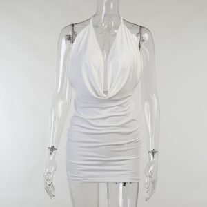 2021 Summer New Sexy Deep V Pile Collar Dress  Style  Halter Sheath Skirt for Women - White - Large