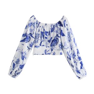 2021 Style Women  Clothing Printed Long-Sleeved Top High-Waist Blouse - Multi - Large