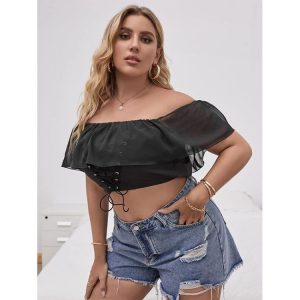 2021  Solid Color Summer Lace-up Ruffled Short plus Size Women Clothes Top - Black - XXXX Large