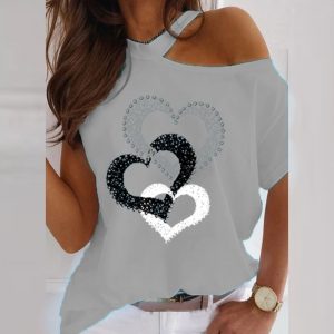 2021 Plus Size Summer Trendy New Women Clothing  Fashion Shoulder Baring Loose Heart Printing Short Sleeve T-shirt - Gray - XXXXX Large