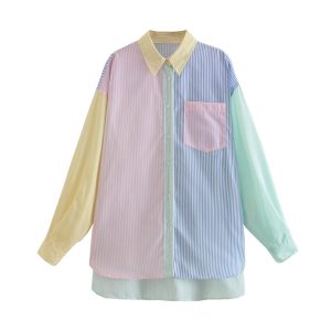2021 Summer Four-Color Stitching Contrast Color Long Sleeves Loose Boyfriend Style Contrast Color Shirt - Multi - Large