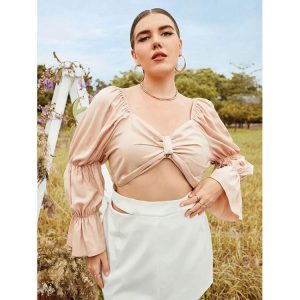 2021   Sexy  Temperament V-neck Sexy Bandage Backless Long Sleeves plus Size Women Top - Apricot - XXX Large