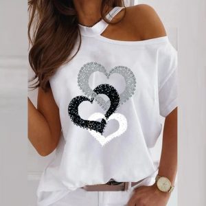 2021 Plus Size Summer Trendy New Women Clothing  Fashion Shoulder Baring Loose Heart Printing Short Sleeve T-shirt - White - XXXXX Large