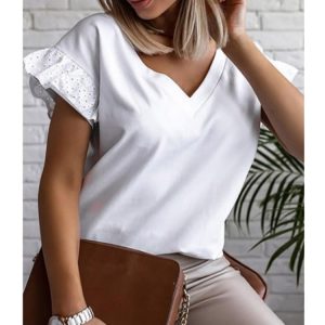 2021 Women Clothing  Solid Color Large V-neck Double-Layer Ruffle Sleeve Fashion All-Match T-shirt - White - XXX Large