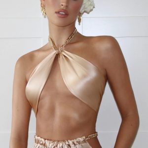 2021 Solid Color Chain Halter Sexy Tube Top - Khaki Suit - Large