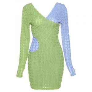 Style 2021 New Fall Women Clothing Fashion Stitching Contrast Color Sexy V-neck Slim Temperament Dress for Women - Green - Large