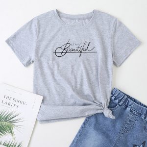 2021 New Stay Beautiful Letter Print Loose round Neck Short Sleeve T-shirt Top Women - Gray - Extra Large