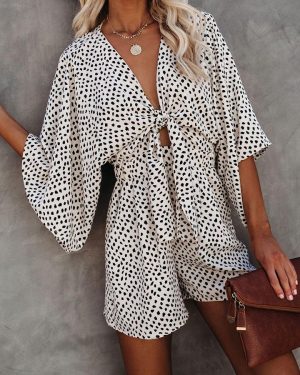 2021 Summer New Women  Leopard Print Flare Sleeve V-neck Lace-up Jumpsuit - White - XX Large