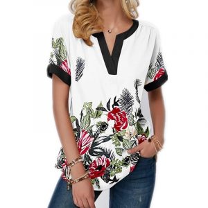 2021 Women Clothing New Flower Digital Printing Casual Short-Sleeved V Neck Plus SizeT-shirt - White - XXXXX Large
