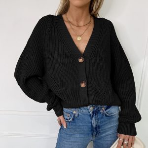 2021    New Long Sleeve Solid Color and V-neck Button Loose Knitted Cardigan Sweater Coat for Women - Black - XX Large
