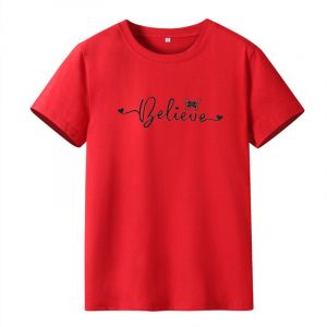 Women  Clothing Short-Sleeved T-shirt 2021 Summer Believe Letter Butterfly Printed Crew Neck Top - Red - Extra Large