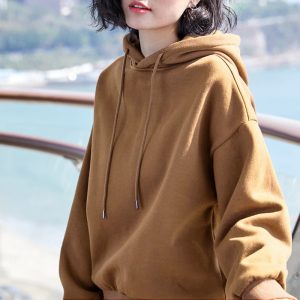 2021 New Basic Style Velvet Hoodie Women Casual Female Winter Solid Color Casual Sweatshirt Hip Pop Top - Brown - Extra Large