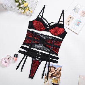 2021 New Women Clothing Bra Stitching Contrast Color Jumpsuit Lace Beautiful Back Corset - Red - Large