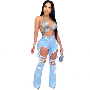 New Women Clothes Cut Ripped Washed and Worn Horn Fashion Casual Jeans - Light Blue - XX Large