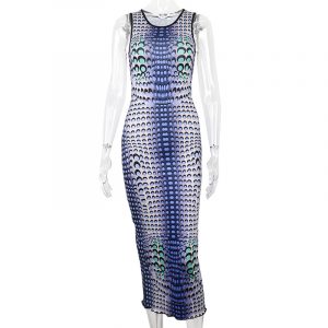 2021 New Printed Sleeveless round Neck Sheath Slim Slimming Dress Trendy - Blue - Large