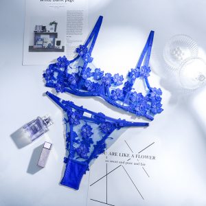 2021 Fashion New Women  Clothing Embroidery Flower Mesh See-through Heavy Craft Underwear Set with Steel Ring - royal blue - Large