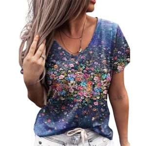 2021 Plus Size Spring Summer Women Clothing New Floral Digital Printing Fashion Short Sleeve V Neck T-shirt - Blue - XXXXX Large