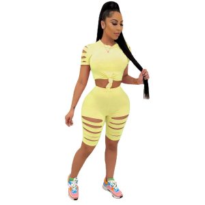New Women Clothing Solid Color Burnt Flower Hole Exposed Navel Sexy Casual Sports Suit Two-Piece Set - Yellow - XX Large
