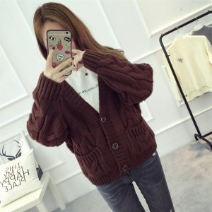 New Women Autumn and Winter Sweater Coat Cardigan Women Loose Twist Thick Thread Knitted Short All-Match Korean Style Student Plus size - Burgundy - XXX Large