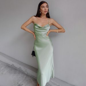 2021 Women Clothing  Summer  New Sexy Pile Collar Backless Lace up Dress - Green - Large