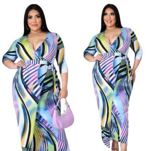Print Large Size Slim Dress over the Knee Temperament Dress - Printed Color - XXXX Large
