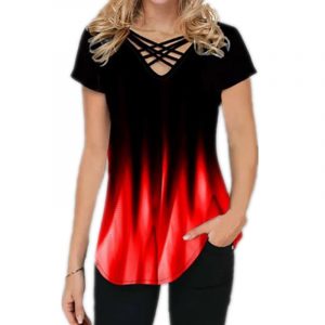2021 Plus Size Spring and Summer New Women Clothing Gradient Printing Fashion Casual Short Sleeve V Neck T-shirt - Red - XXXXX Large