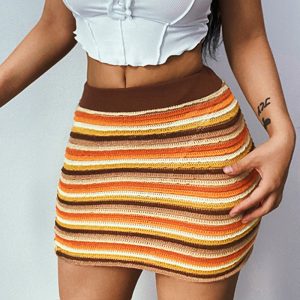 Women  Clothing  Summer New  Sexy Slim Color Woven Skirt Hip Skirt - Brown - Large