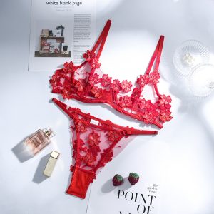 2021 Fashion New Women  Clothing Embroidery Flower Mesh See-through Heavy Craft Underwear Set with Steel Ring - Red. - Large