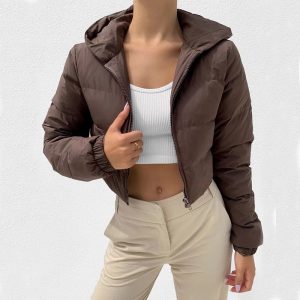 2021 New Fashion Bubble Coat Solid Color Standard Collar Short Jacket Autumn And Winter Women Down Jacket - Brown - Extra Large