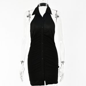 Women Spring and Summer New Solid Color Dress Sexy Backless Sleeveless Single-Breasted Cardigan Hip Skirt - Black - Large