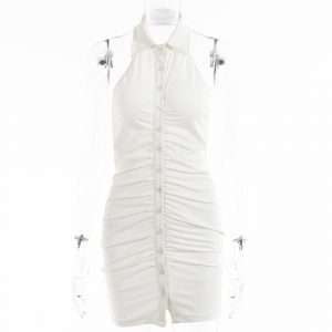 Women Spring and Summer New Solid Color Dress Sexy Backless Sleeveless Single-Breasted Cardigan Hip Skirt - White - Large
