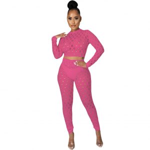 New Women  Clothes Nightclub Sexy Mesh High Elasticity Sexy Casual Sports Suit - Coral Red - XX Large